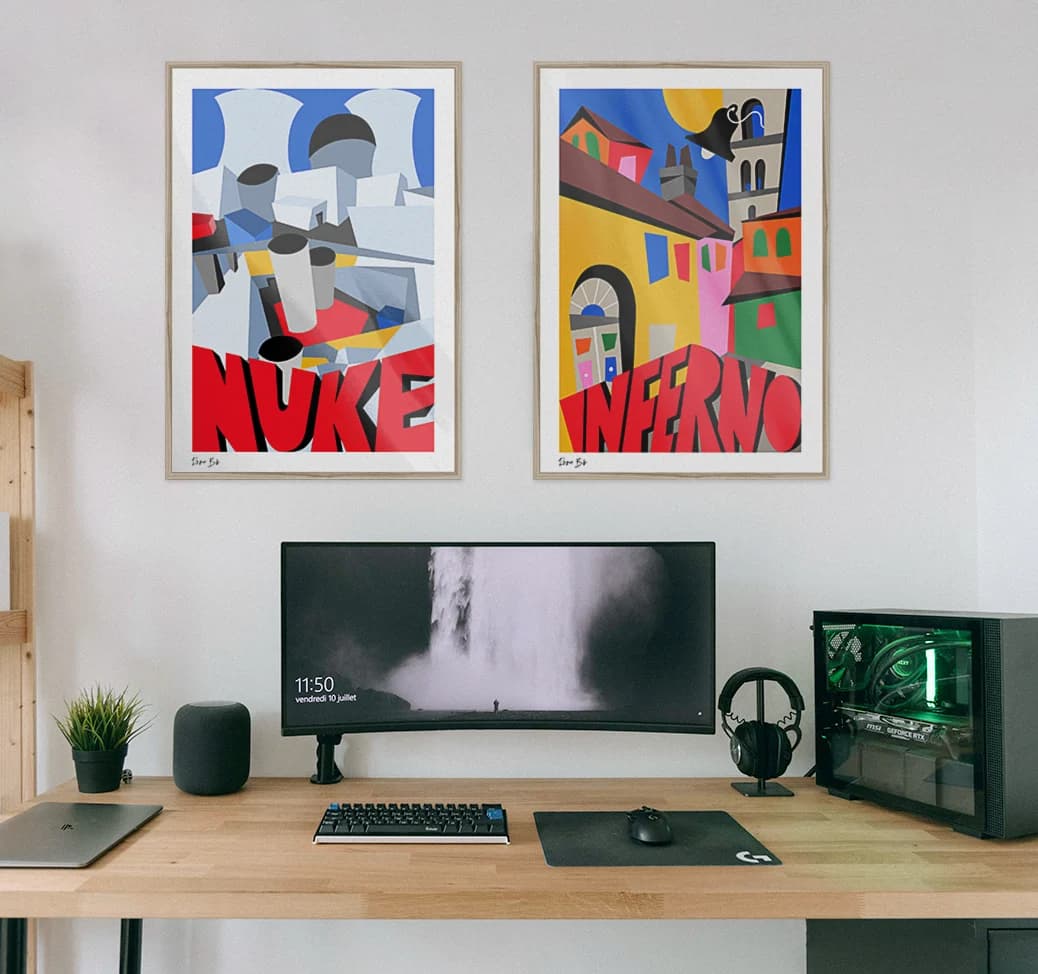 Computer setup with Counter-Strike inspired wall posters.