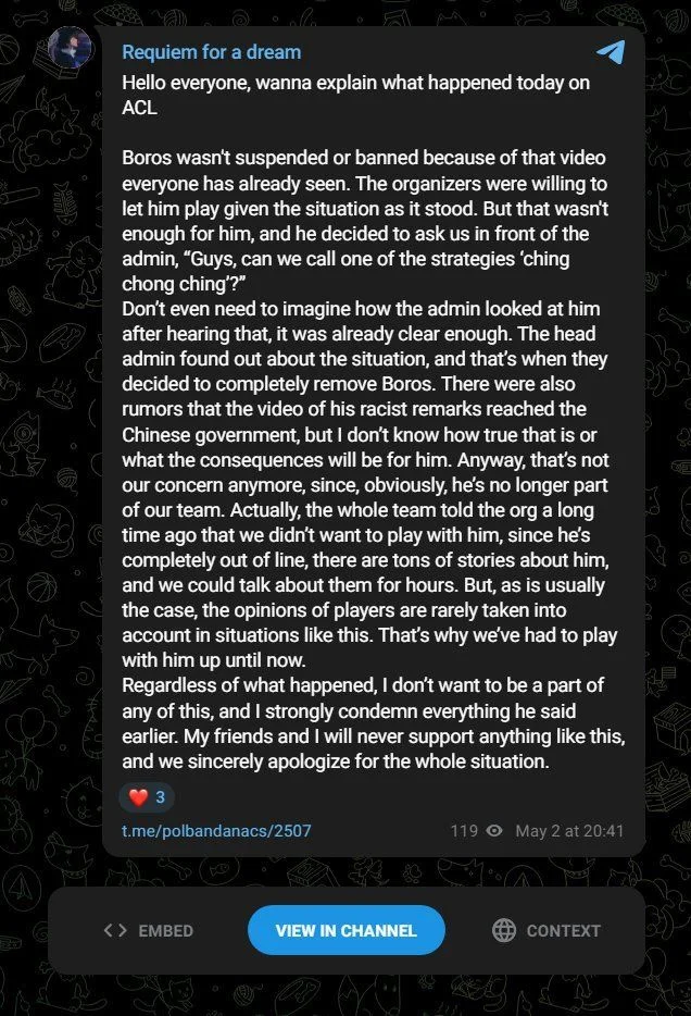 A screenshot exposing BOROS' childish and racist behaviour