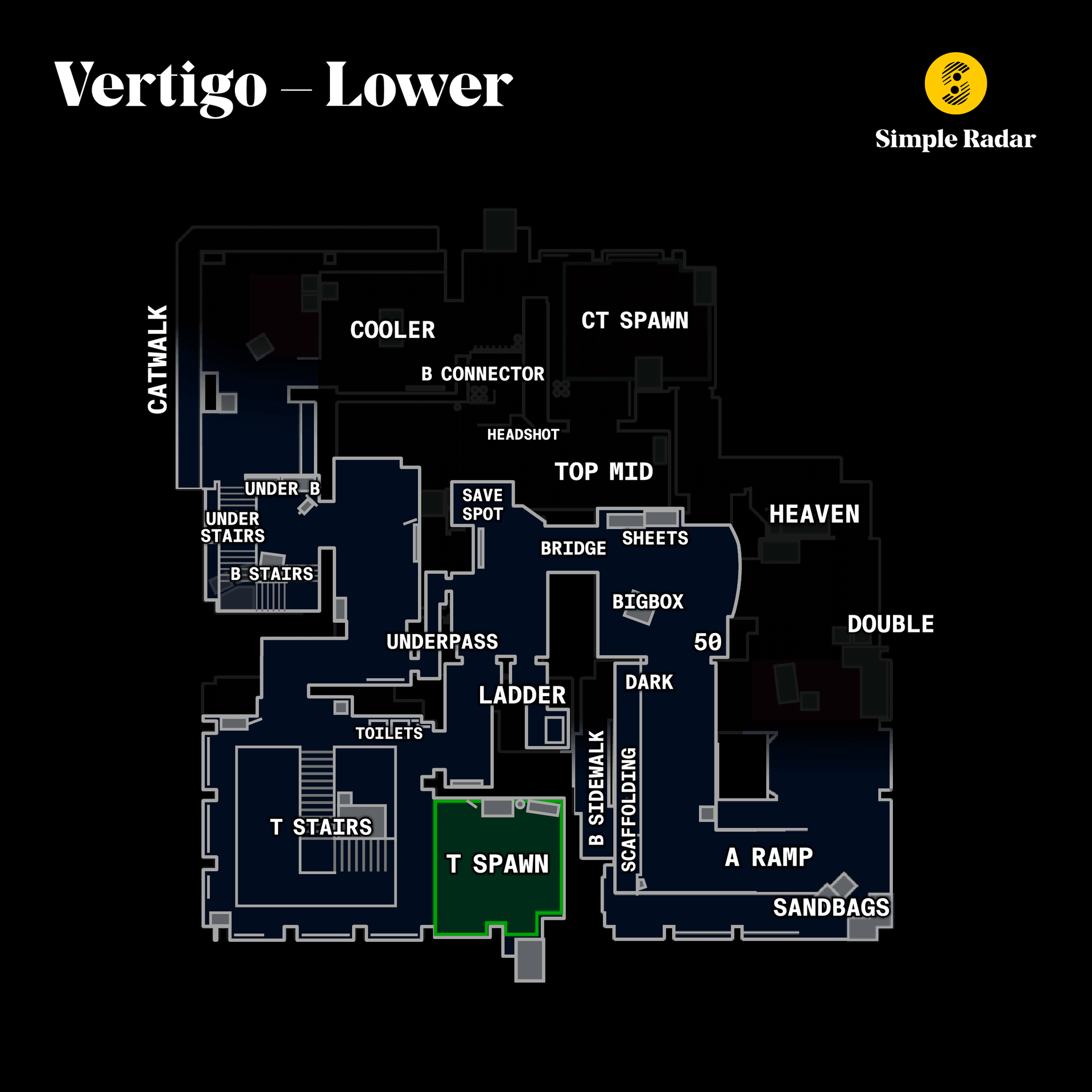 Callouts for the de_vertigo_lower map in Counter-Strike: Global Offensive