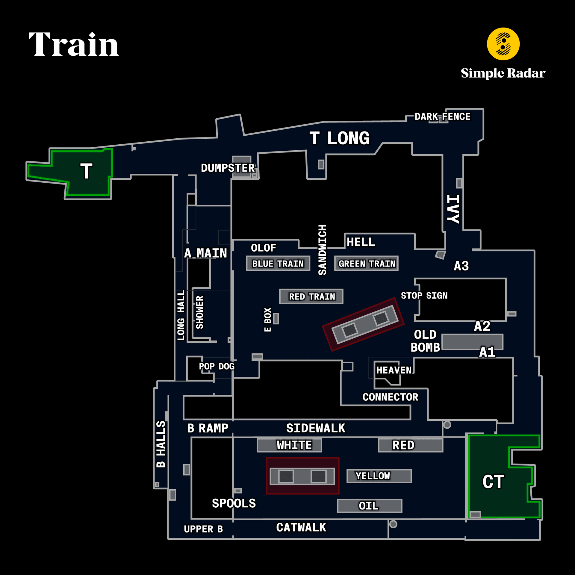 Callouts for the de_train map in Counter-Strike: Global Offensive
