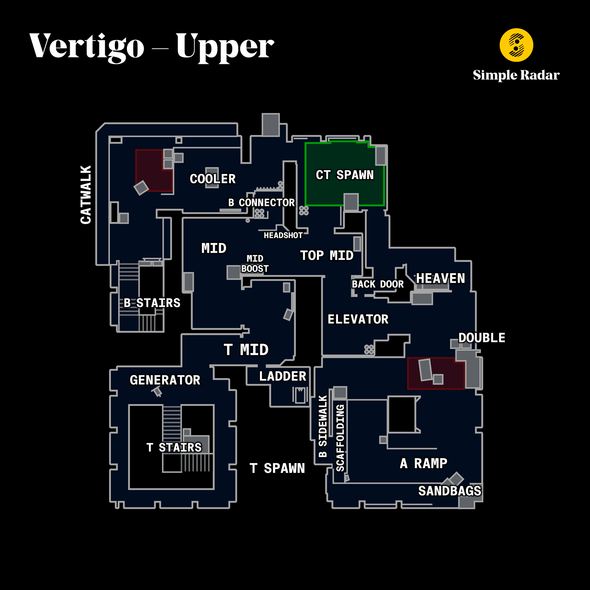 Callouts for the de_vertigo_upper map in Counter-Strike: Global Offensive